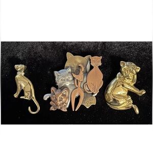 Cat Brooch Pins (lot of 3), Goldtone Metal Fashion Jewelry (one w/ Rhinestones)